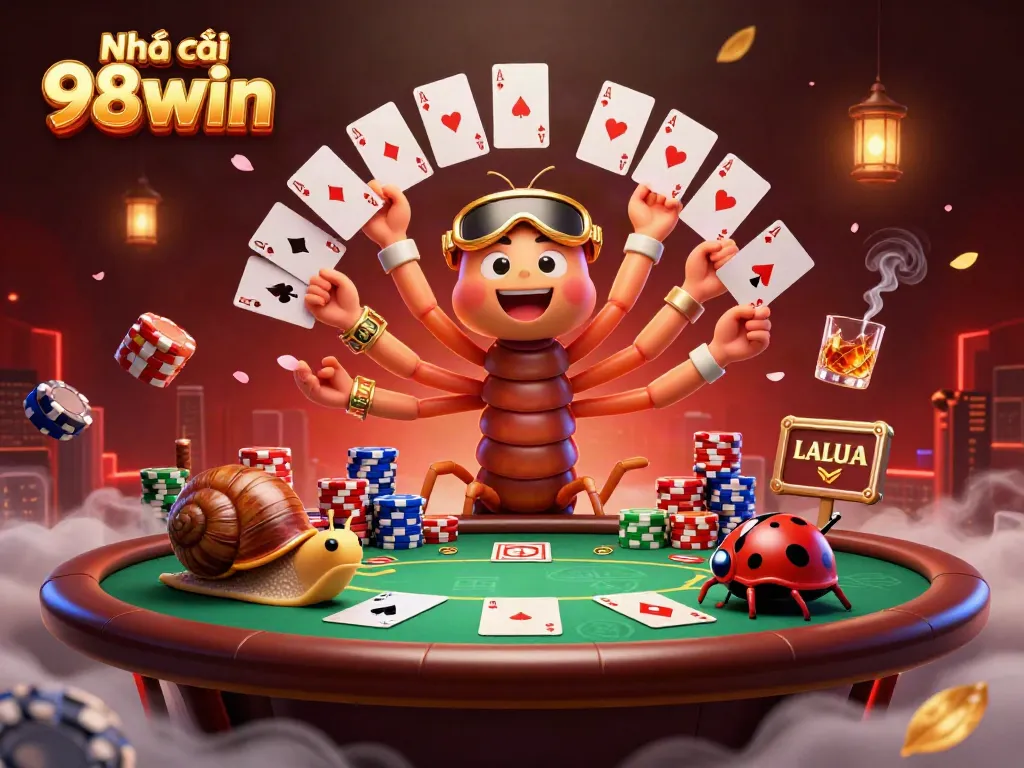 Engage with the vibrant atmosphere of Nhà cái 98win as a millipede dealer orchestrates a high-stakes poker game.