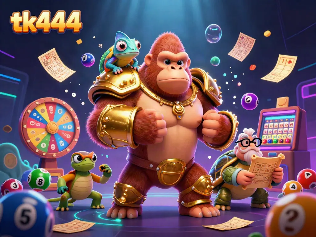 Win big with tk444 in a vibrant 3D scene showcasing colorful gambling elements and a dynamic trio of characters.