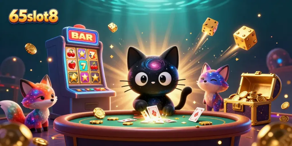 Engage with 65slot8 at a vibrant cosmic casino, where animated characters pull winnings from a rich environment.