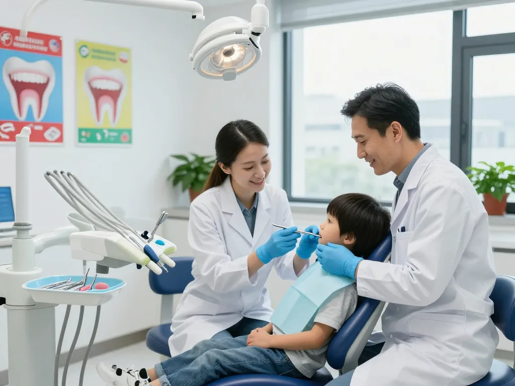 Dental clinic near me with a dentist assisting a child in a bright, welcoming examination room.