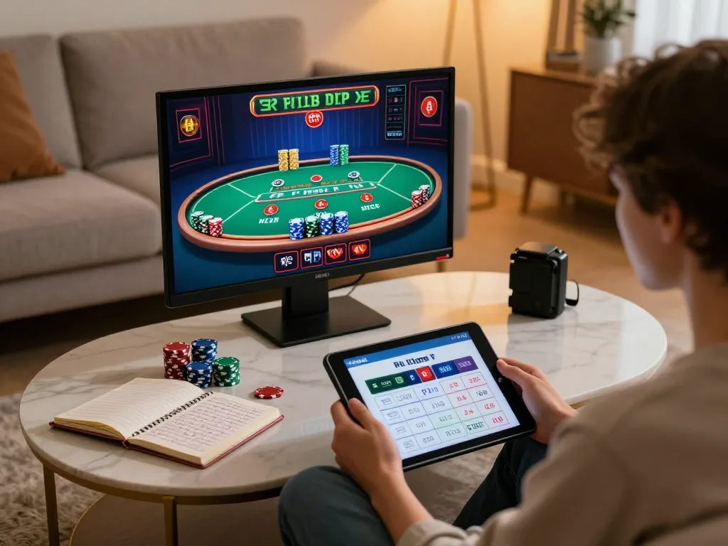 Engaged with nhà cái sc88, a player strategizes while enjoying online blackjack from a cozy home setup.