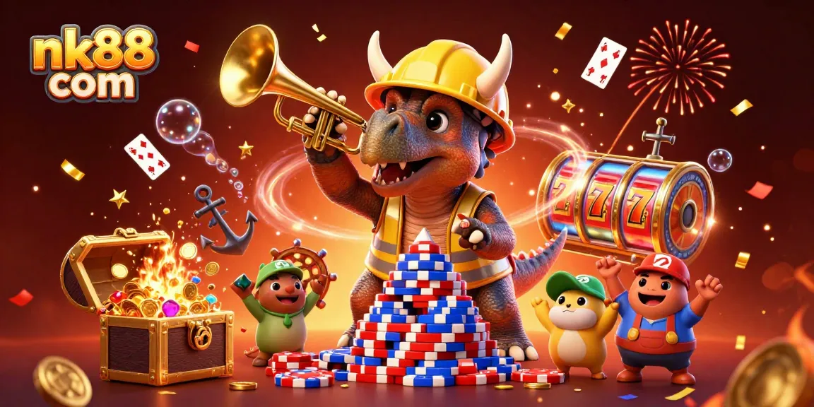 Celebrate wins at nk88 com with vibrant poker chip pyramid and joyful characters in this dynamic gaming illustration.