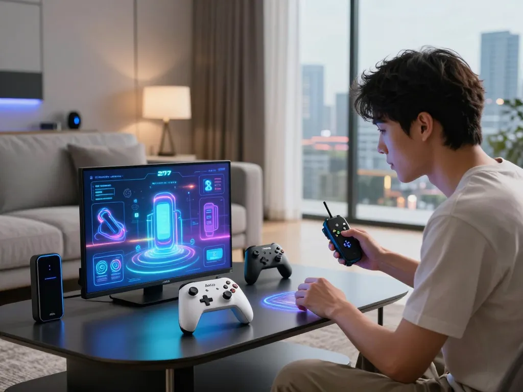 Demonstration of latest tech gadgets 2077 in a modern living room setting with interactive displays.