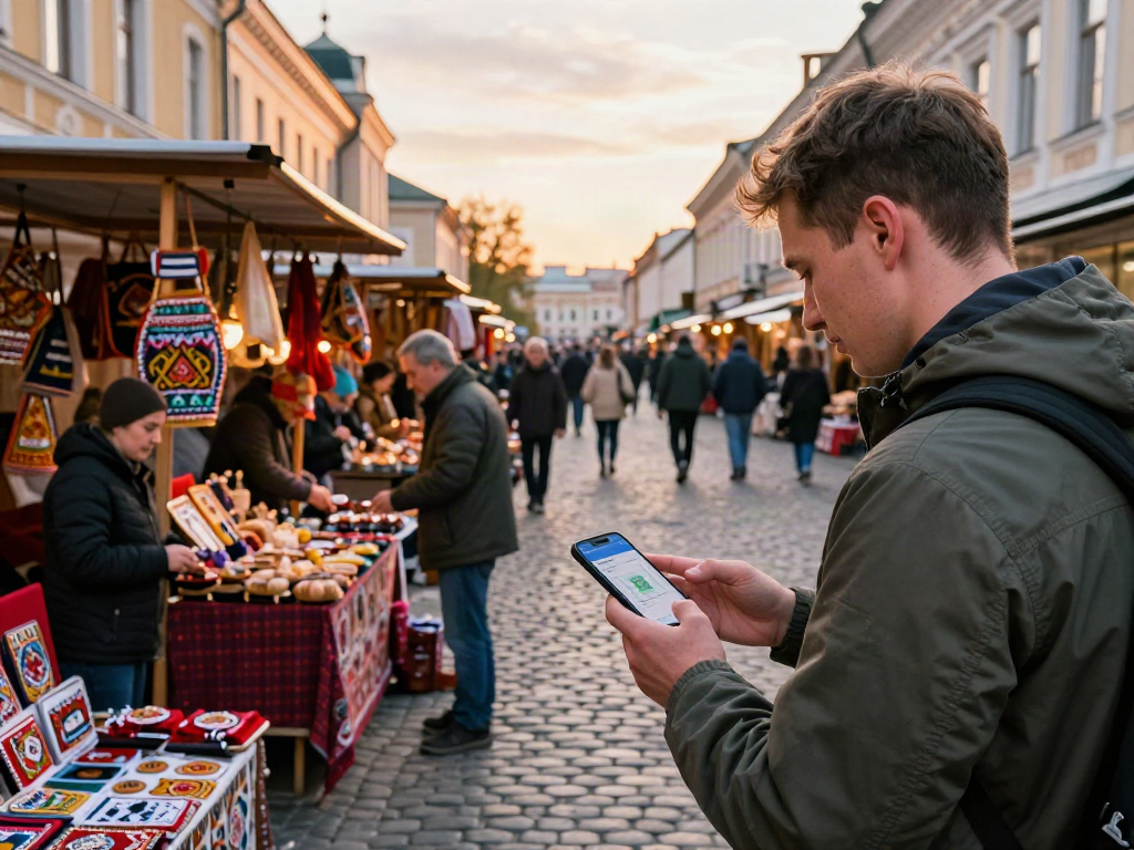 Pengunjung menggunakan https://payinrussia.com/ untuk pembayaran di pasar Rusia yang meriah.
