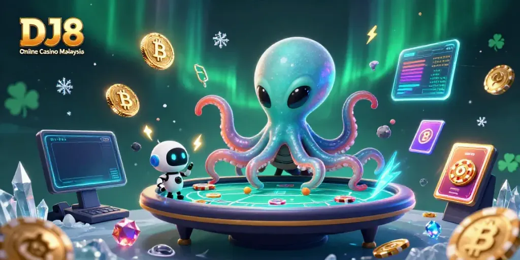 Engage with the vibrant world of DJ8 Online Casino Malaysia showcasing an alien octopus at a holographic poker table surrounded by crypto elements.