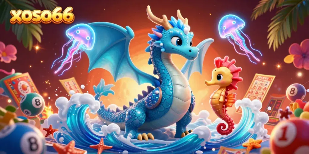 Experience thrilling moments with xoso66 featuring an azure water dragon, sea knight, and glowing jellyfish in a dynamic lottery setting.