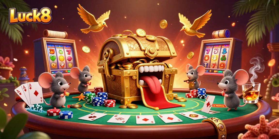 Engage with Luck8's vibrant online gaming world featuring treasure chest delights and poker excitement.