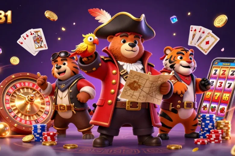 ee881 showcases an exciting 3D casino scene with characters amidst cascading coins, cards, and gaming elements.