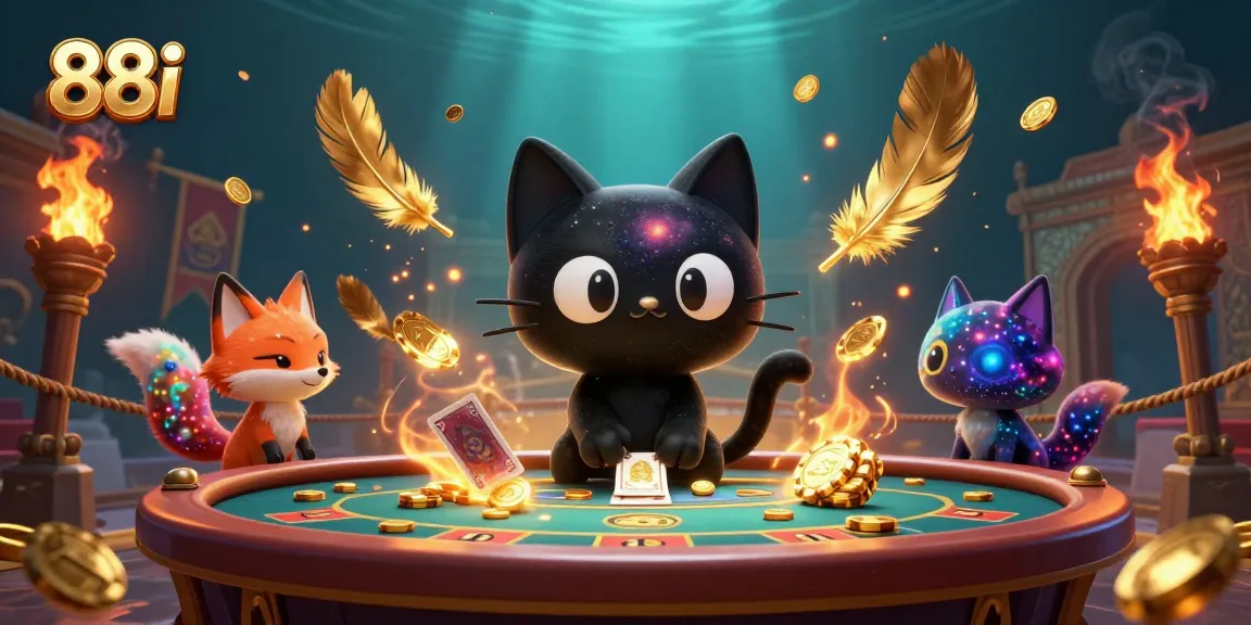 88i's captivating cosmic casino scene showcases a black hole cat drawing in players with golden chips.