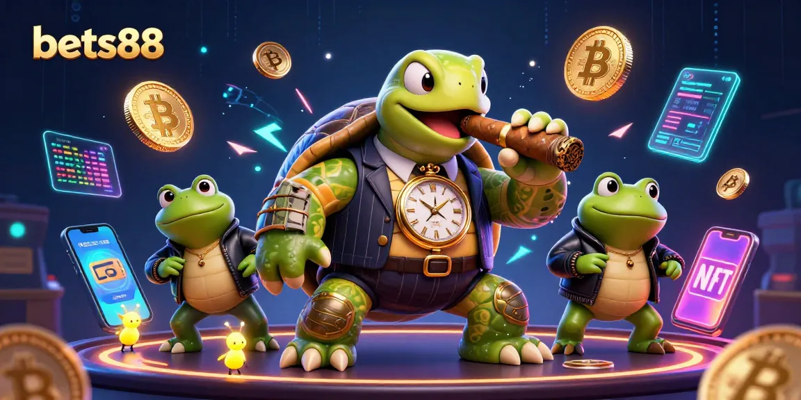 Experience the excitement of bets88 with a whimsical scene featuring a cartoon snapping turtle and bullfrog enforcers in a dynamic casino ambiance.