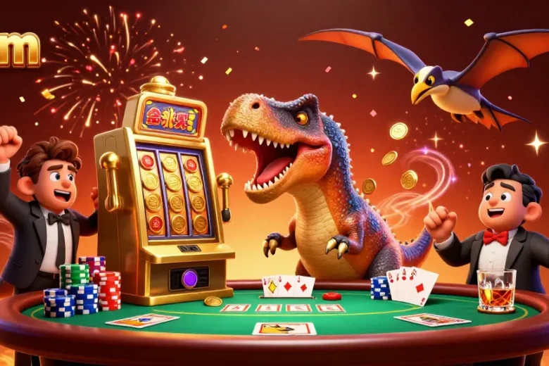 Experience jackpots and excitement with 88m in a vibrant casino scene filled with animated dinosaurs.