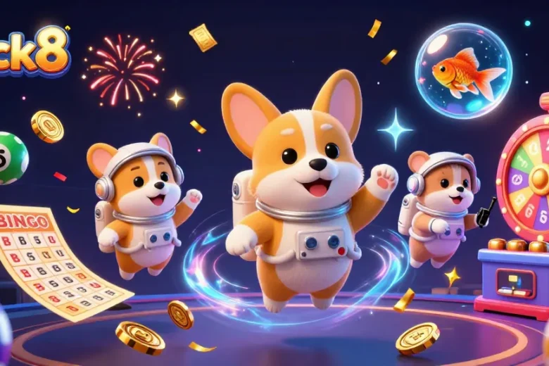 Luck8 showcases an exciting space casino scene with vibrant lottery elements and playful characters.