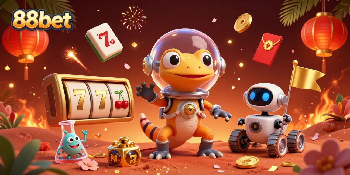 Engage with 88bet slots atmosphere through a Martian gecko's thrilling casino adventure.