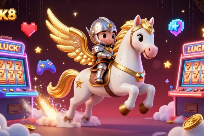 LUCK8 offers exciting slot machines and games, highlighted in a vibrant 3D illustration.