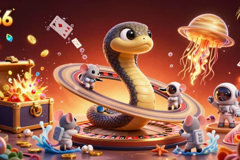 Experience exciting gameplay at ko66 with dynamic roulette action and whimsical characters in a vibrant cosmic casino.