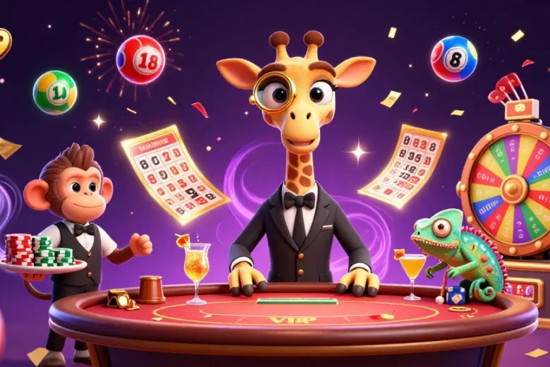 Experience the thrill of go-99 with a high-roller giraffe at a poker table surrounded by vibrant casino elements.