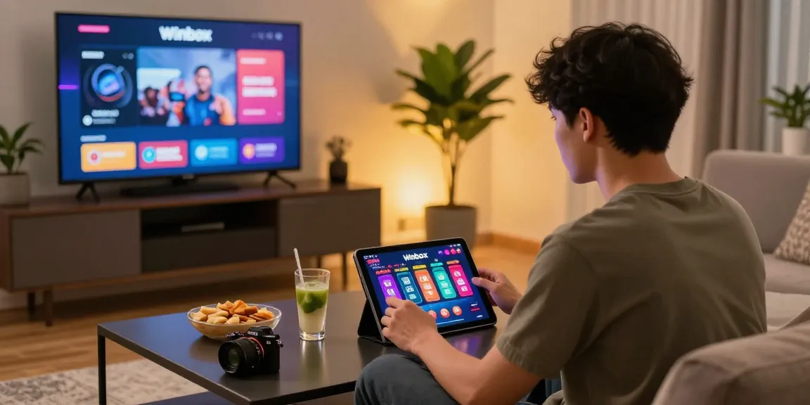 Engaging gaming atmosphere with Winbox Malaysia live casino games on tablet in modern home setting.