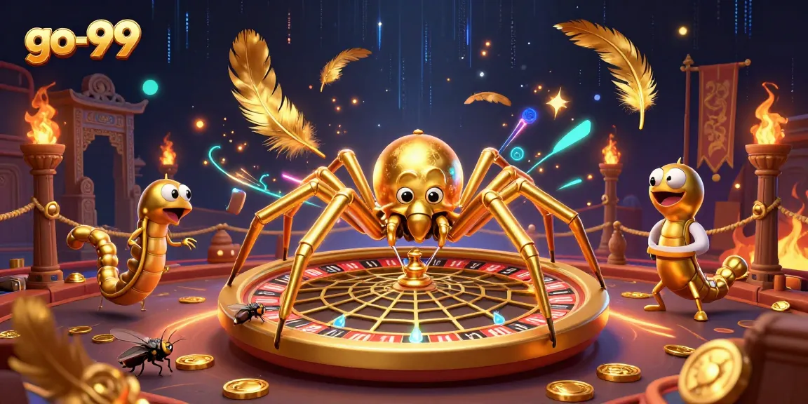 Experience thrilling action at go-99 with a golden spider spinning a roulette wheel and vibrant casino elements.