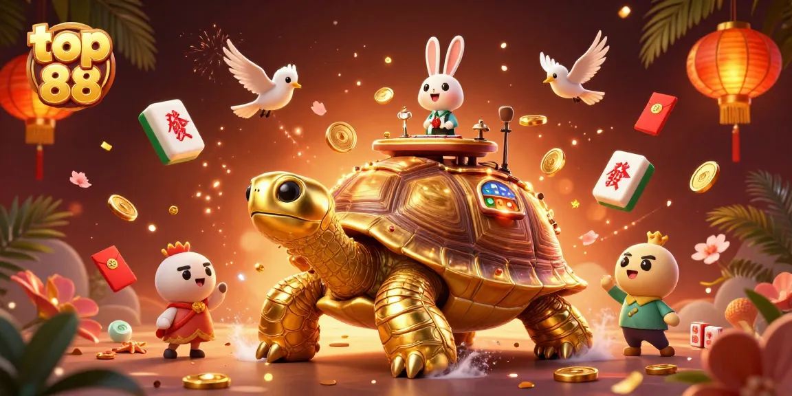 Spin to win at top 88 casino with a golden tortoise and vibrant 3D gaming elements.