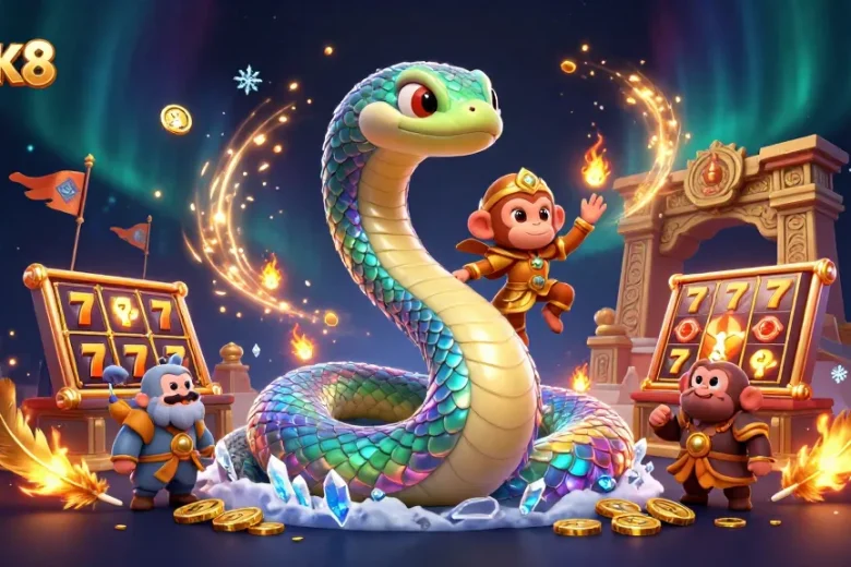LUCK8 captures vibrant casino energy with a rainbow serpent and monkey king amid dazzling slot reels.