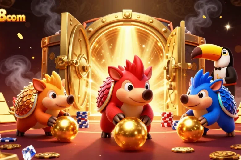 Experience big wins with u888com in this vibrant casino illustration featuring animated pangolins.