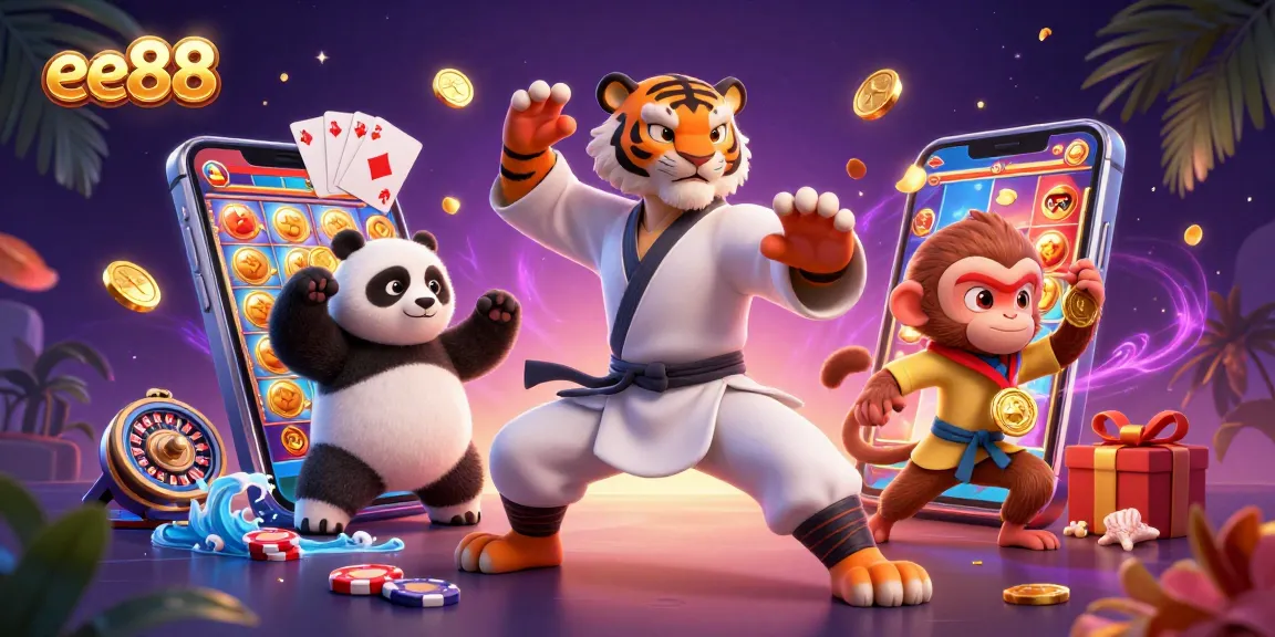 Experience excitement at ee88 with playful characters in a vibrant casino-themed illustration.