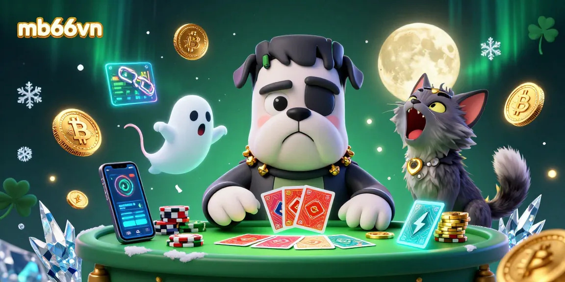 Engage in thrilling gaming at mb66vn with a playful Frankenstein bulldog dealer at a neon-lit casino.