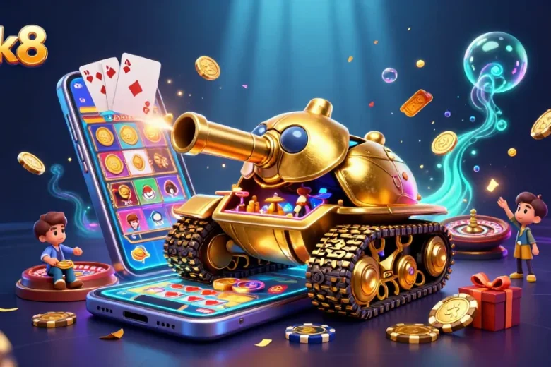 Enjoy thrilling casino action with luck8's unique 3D golden beetle tank in this vibrant scene.