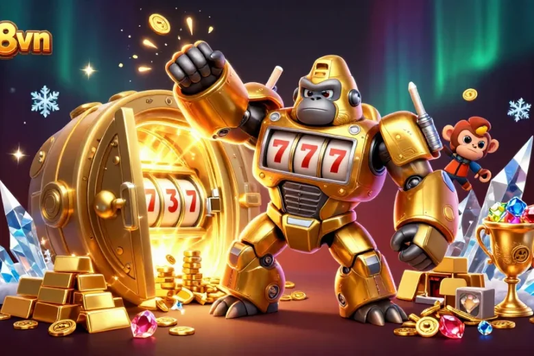 Experience the excitement of luck8vn with a golden gorilla mech surrounded by treasure and casino elements.