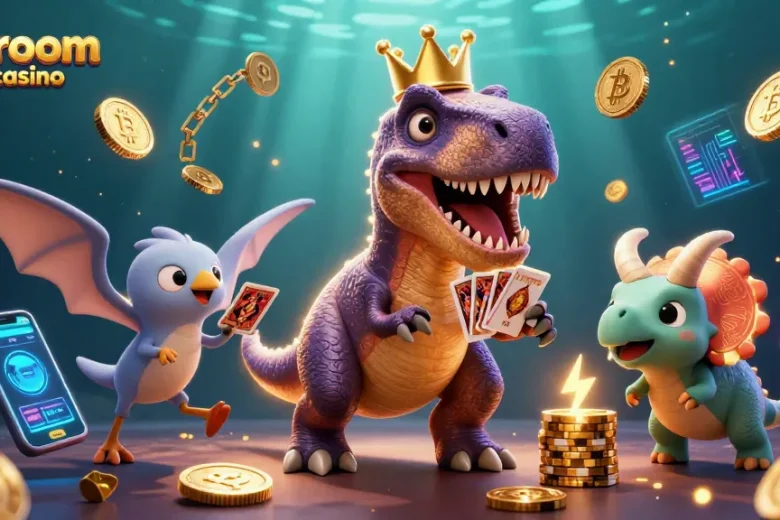 Engage with the vibrant jokaroom payid casino scene featuring a T-Rex shuffling cards with golden chips.