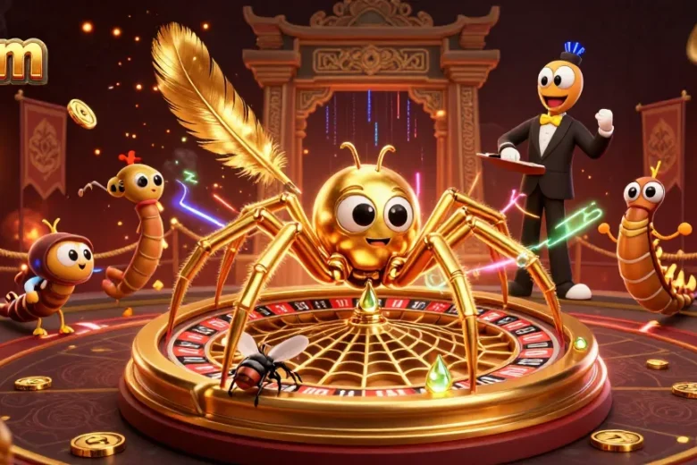 Experience thrilling bets at 88m with a golden spider spinning a roulette web in this vibrant casino scene.