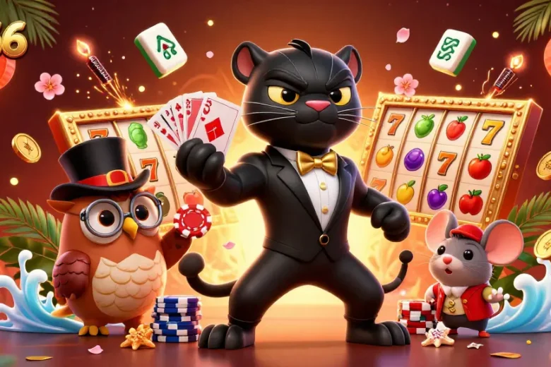 S666 brings players an exciting atmosphere with a panther, owl, and mouse participating in a vibrant casino game.