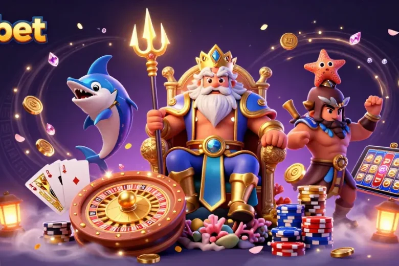 Experience thrilling fun at p3bet with Neptune, samurai, and treasure in a vibrant casino backdrop.