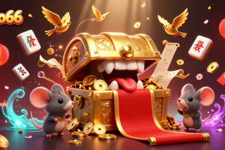 Xoso66 lures players with 3D treasure chest, showcasing vibrant casino games and festive elements.