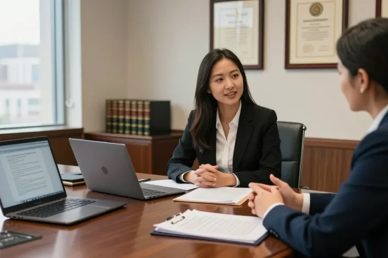 Lawyer discussing legal strategies with a total stranger in a professional setting