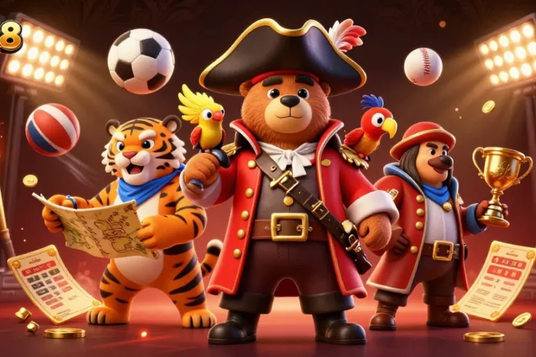 Engage with Luck8's thrilling casino adventures through a pirate-themed illustration packed with excitement and treasure.
